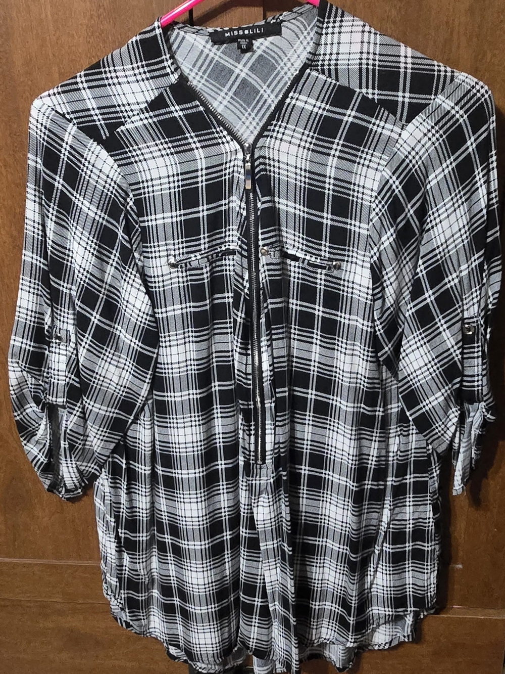 Miss Lili Black and White Plaid Zip-Front Blouse